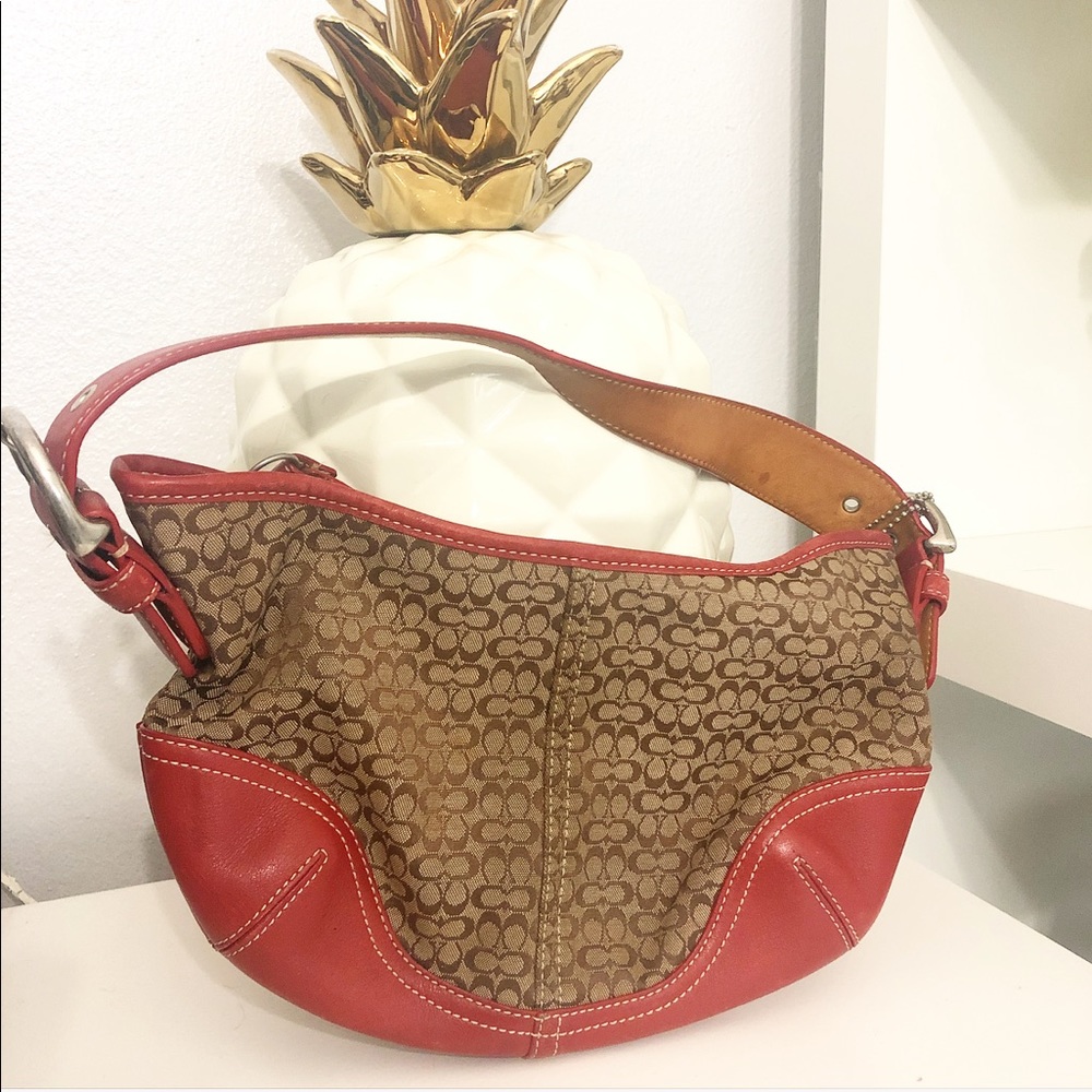COACH TAN RED SMALL HANDBAG PURSE